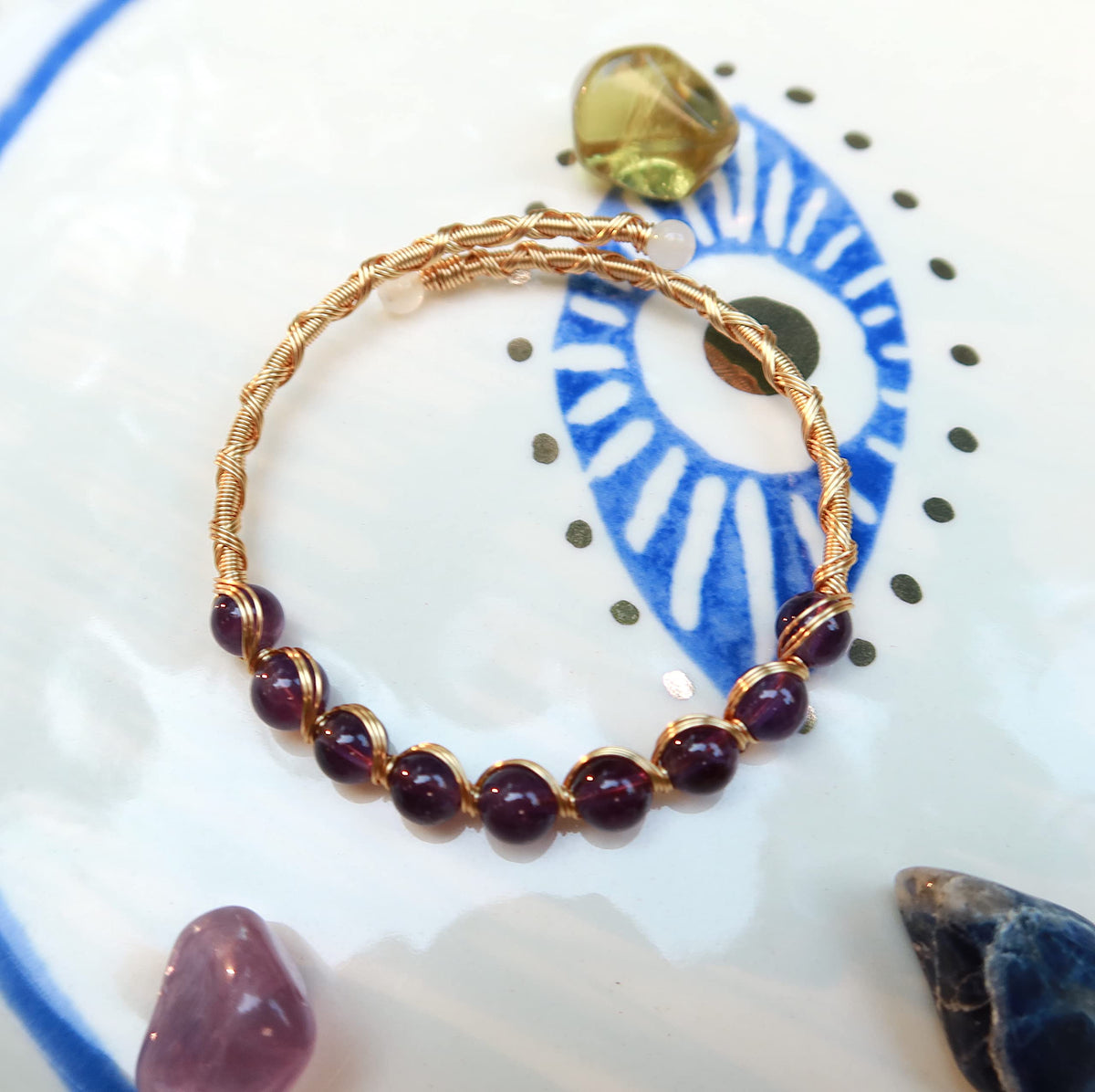 PSEEHEE Handmade Genuine Amethyst Beads 14k Gold Filled Wire Wrapped Bracelet, Birthstone Chakra Healing Crystal Chips Adjustable Bangle Cuff Jewelry Gift for Women Men
