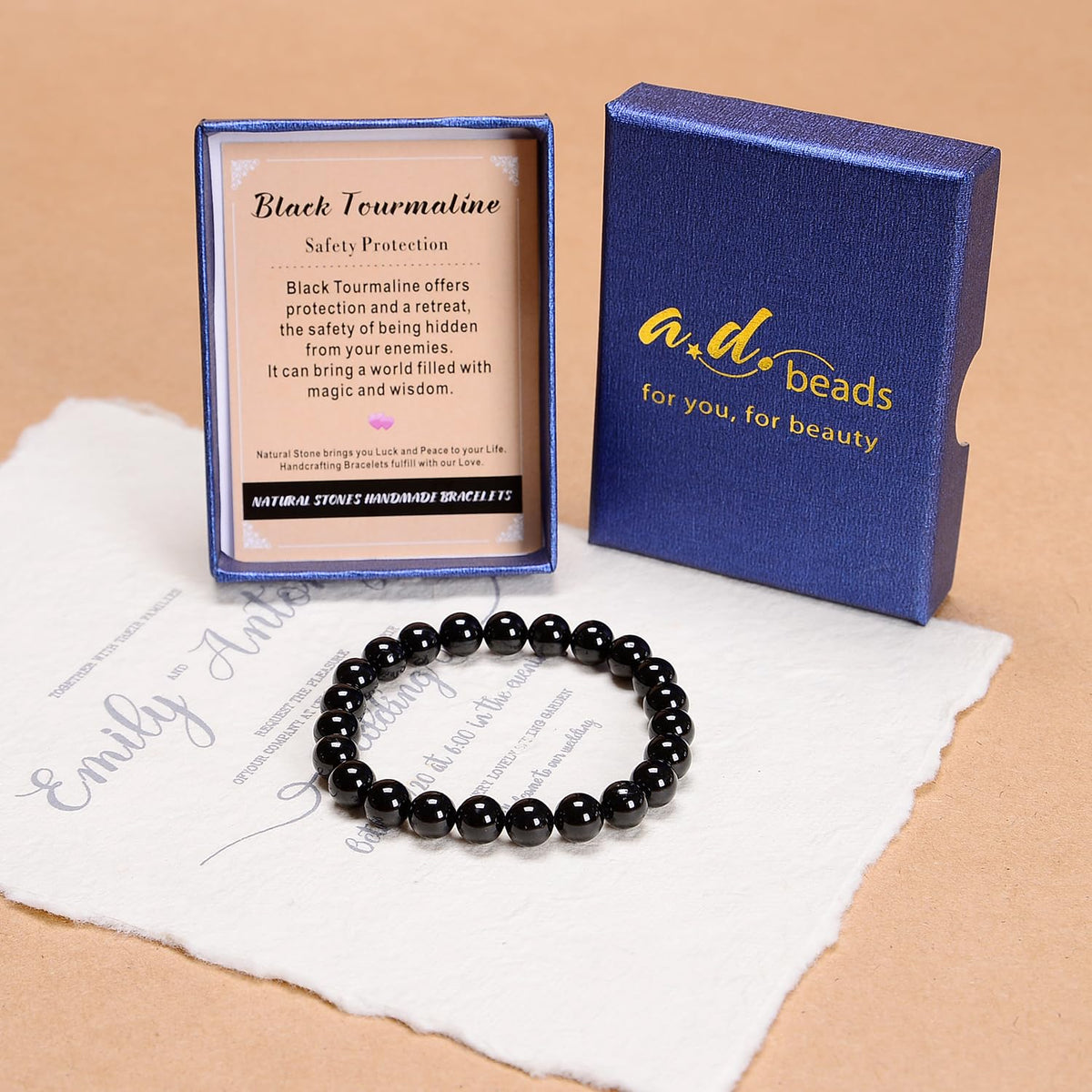 AD Beads Handmade Gemstone Stretch Elastic Bracelet Crystal Healing Reiki Nature's Beauty and Spiritual Essence Unisex (10mm, Black Tourmaline (Best Protection))