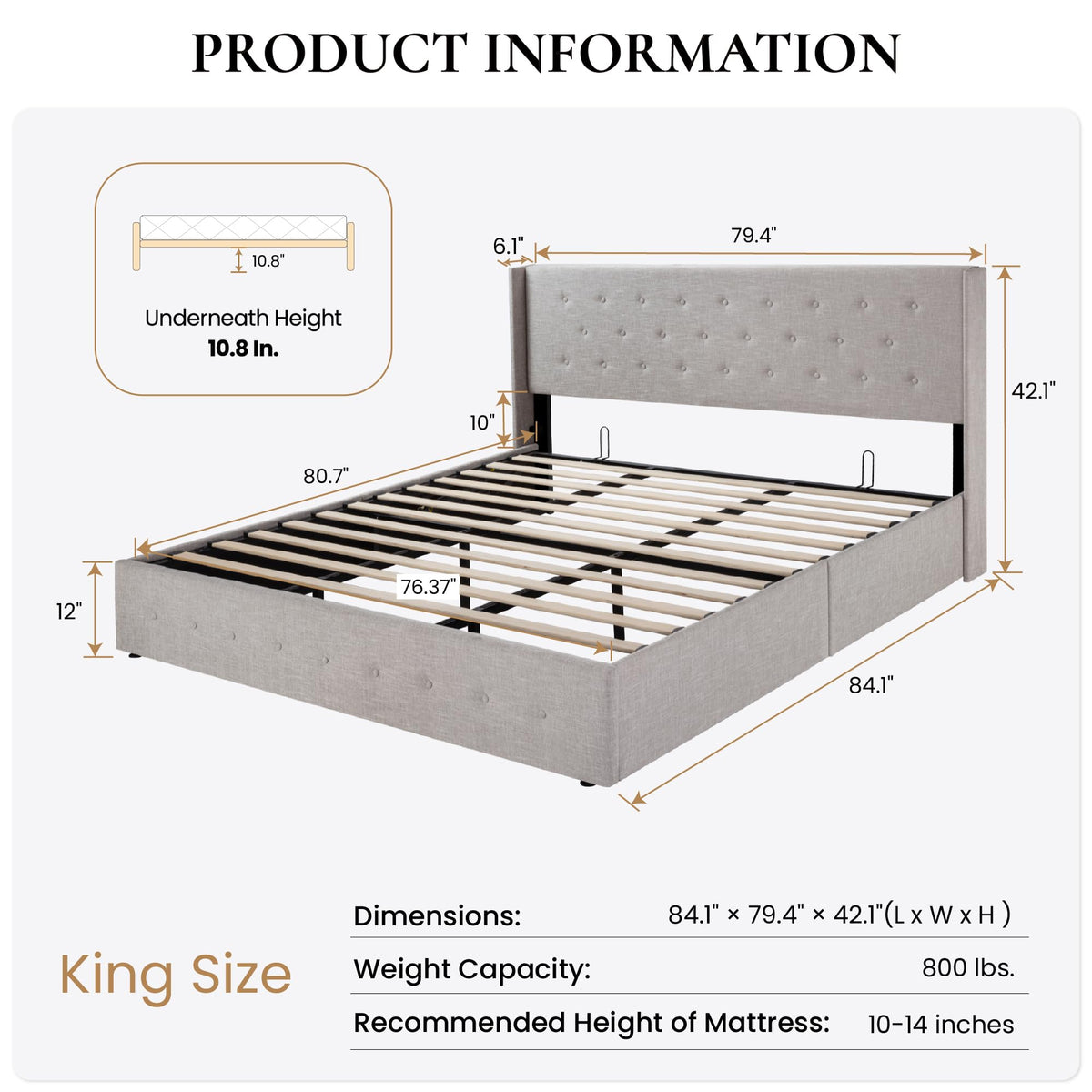 SHA CERLIN King Size Lift Up Storage Bed Frame,Button Tufted Wingback Headboard,Upholstered Platform,Hydraulic Storage,Wooden Slat Support,No Box Spring,Light Beige