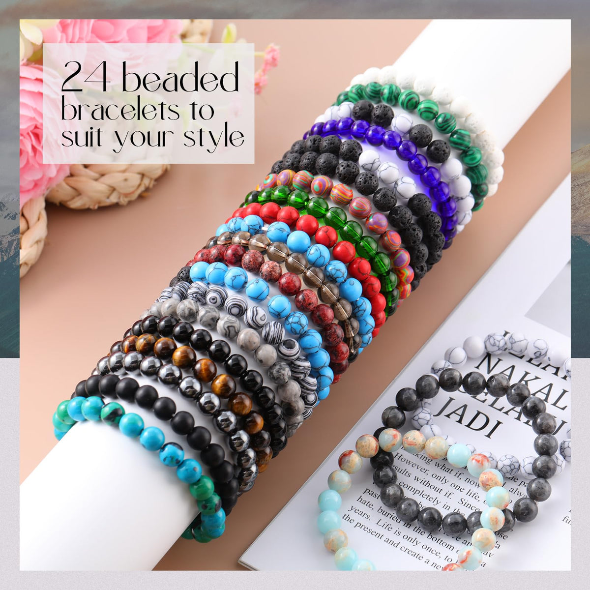 Landical 24 Pcs 8mm Gemstones Beaded Bracelets for Men Women Stretch Round Bead Bracelets Set Healing Crystal Stone Bracelets Semi Precious Bracelets (Classic)