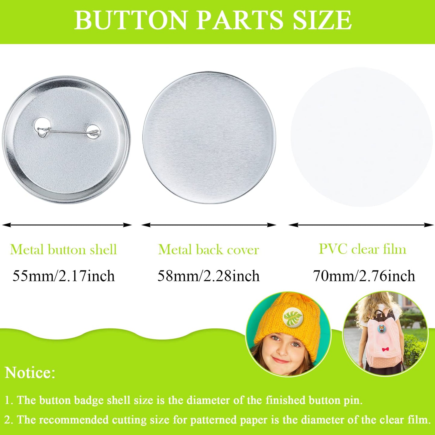 150 Pcs 58mm/2.28inch Blank Buttons Making Supplies Badge Parts, Round Button Pin Badge Blanks Set for Button Maker Machine, Includes Metal Buttons Pin Back Cover, Metal Cover & Clear Film (50 Set)