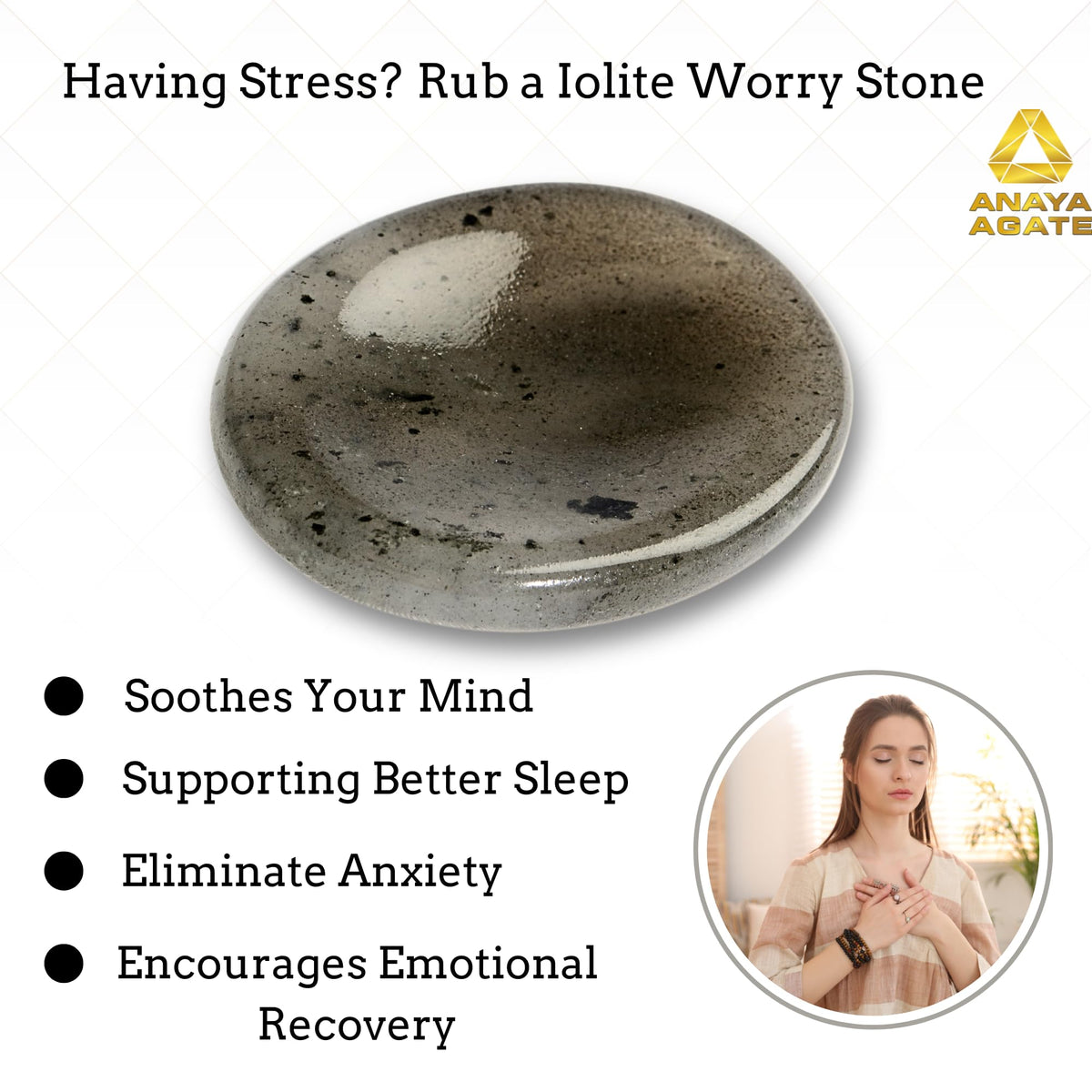 Anaya Agate Iolite Worry Stones Certified Crystal Thumb Worry Stone for Anguish, Relaxing and Soothing Balance Stones for Meditation, Stress Relief Crystals and Healing Stones for Men, Women
