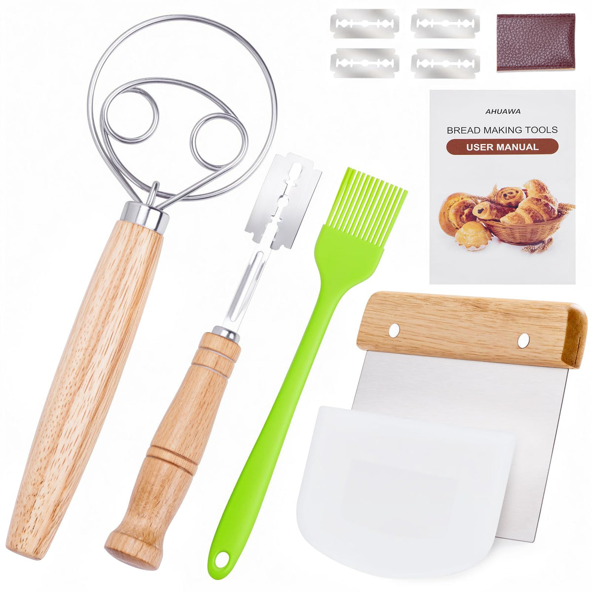Danish Dough Whisk with Sourdough Scoring Tool, Bread Making Tools and Baking Supplies - Dough Hook Dutch Whisk, Bread Lame, Bench Scraper & Pastry Brush