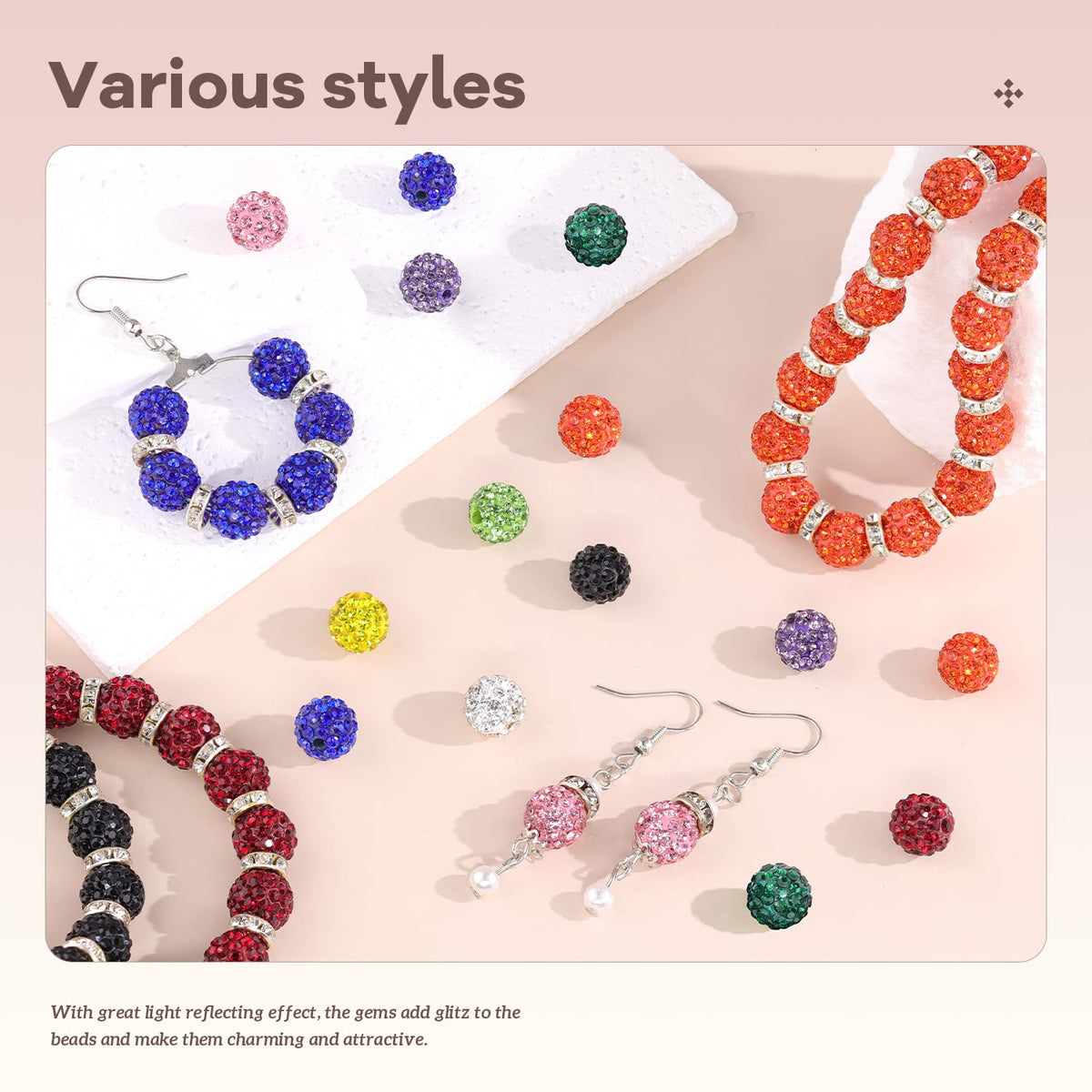 100 pcs 10mm Rhinestone Beads for Jewelry Making, 10 Mixed Colors Shiny Round Disco Ball Beads Bulk, Sparkle Crystal Clay Christmas for Bracelet Baseball Necklace Earring Crafting and DIY