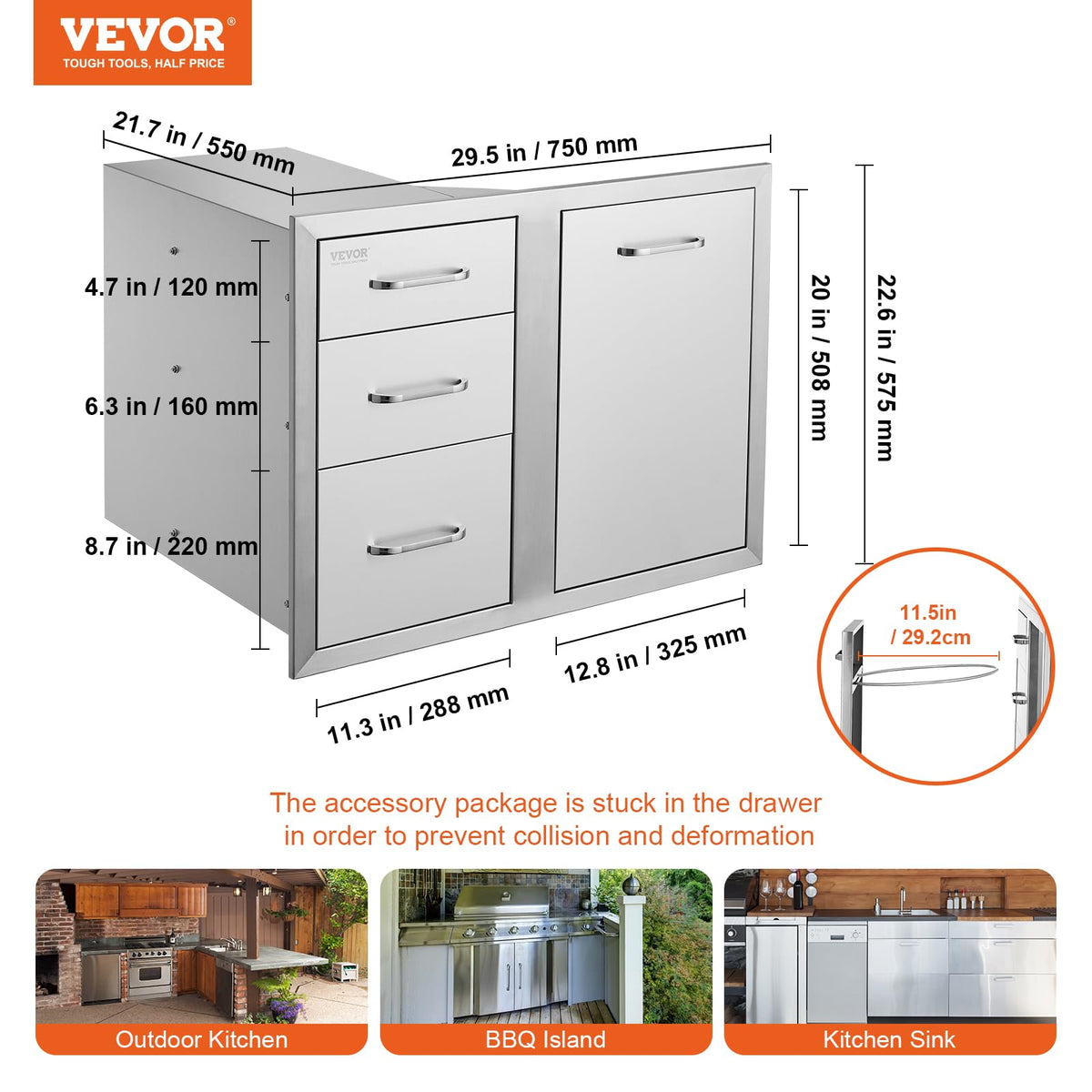 VEVOR Stainless Steel Cabinet, Outdoor Kitchen Door Drawer Combo 29.5" W x 22.6" H x 21.7" D, Access Door/Triple Drawers, Propane Drawer, Adjustable Garbage Ring, BBQ Island Patio Grill Station