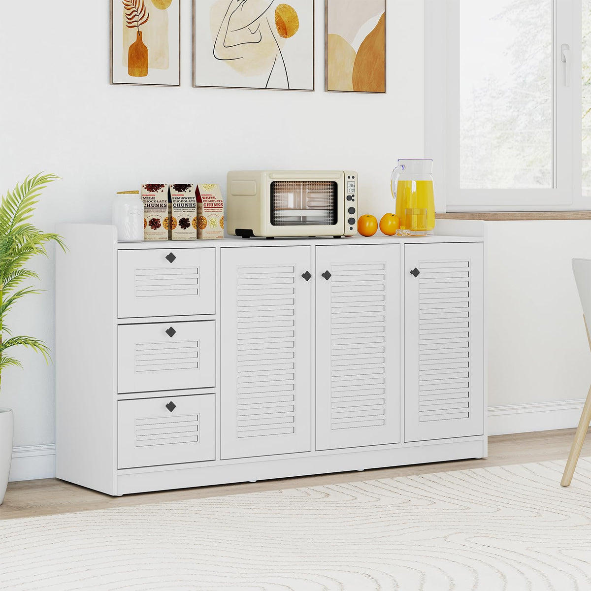 Giantex 63'' Buffet Cabinet with Storage, Modern Sideboard Cabinet with 3 Doors & 3 Pull-Out Drawers, Large Kitchen Console Table with Anti-Tipping Devices for Living Room, Dining Room, White
