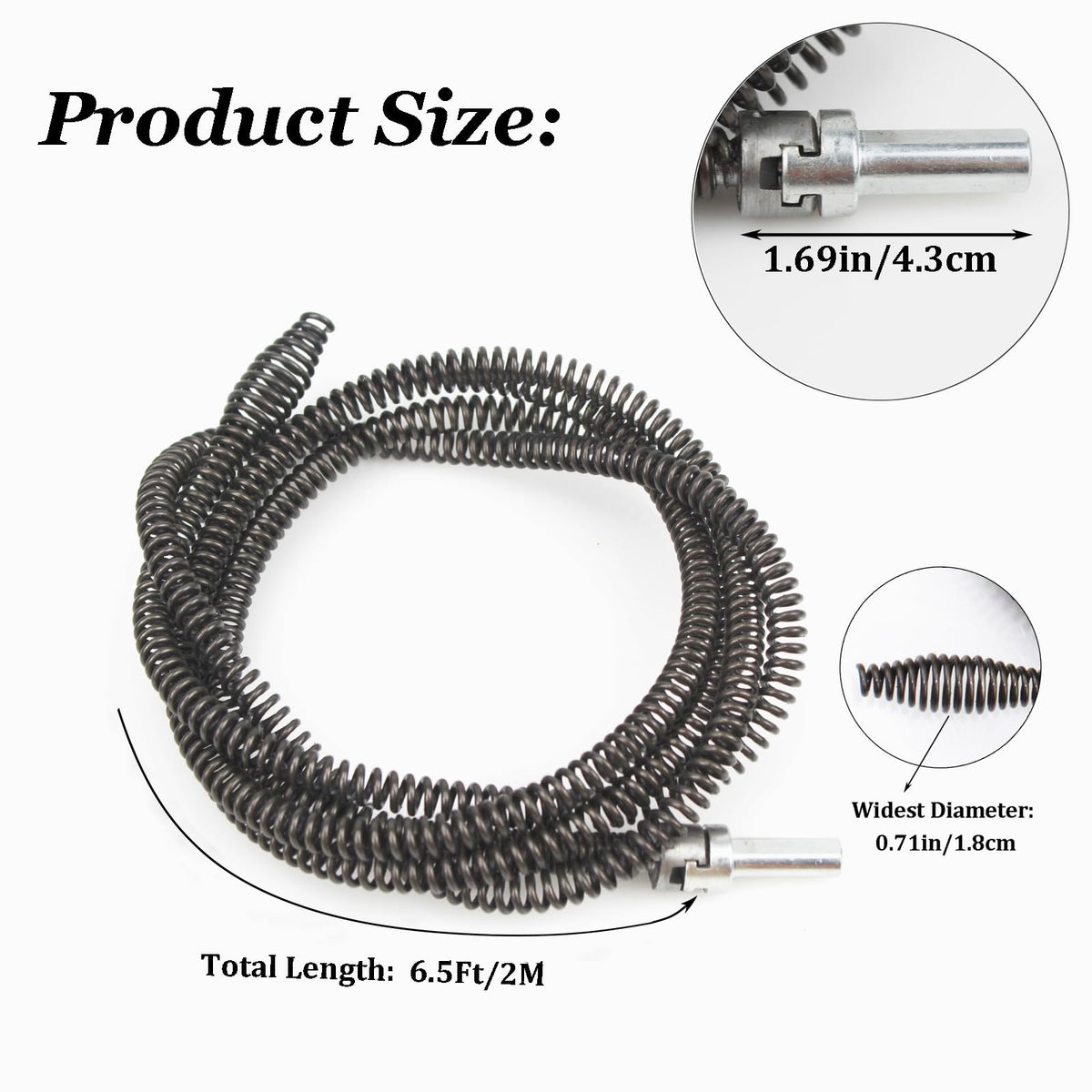 10mm Heavy-Duty Drain Auger Snake Cable with Drill Adapter - 6.5Ft/2M Flexible Plumbing Clog Remover for Kitchen, Bathroom, Toilet, Shower Sink & Pipe