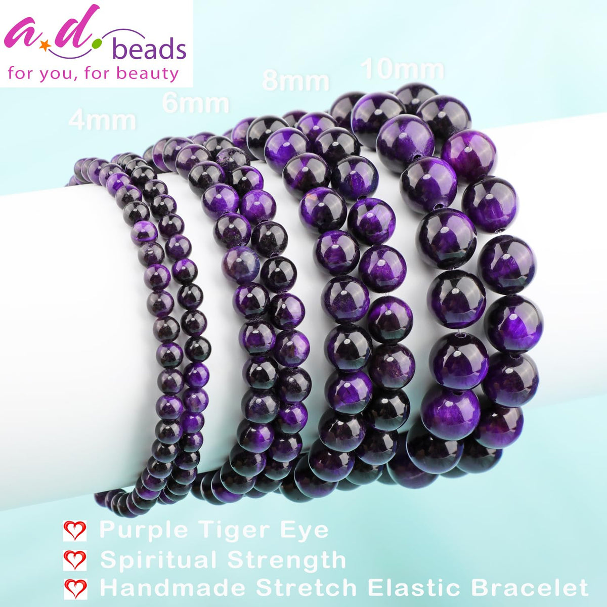 AD Beads 6mm Handmade Purple Tiger Eye Elastic Bracelet – Natural Gemstone for Peace and Tranquility – Meditation, Yoga, Healing and Energy Gift for Men Women