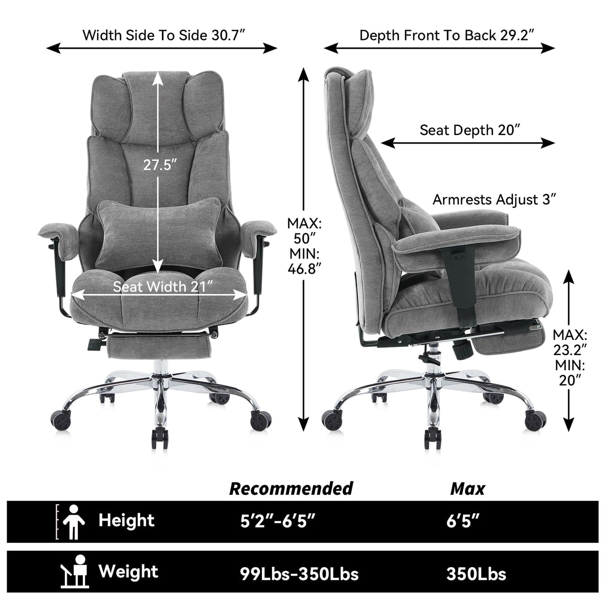 Efomao Executive Office Chair, Soft-Cushioned Computer Chair with Foot Rest, Fabric Home Office Desk Chairs, Big and Tall Office Chairs, Grey