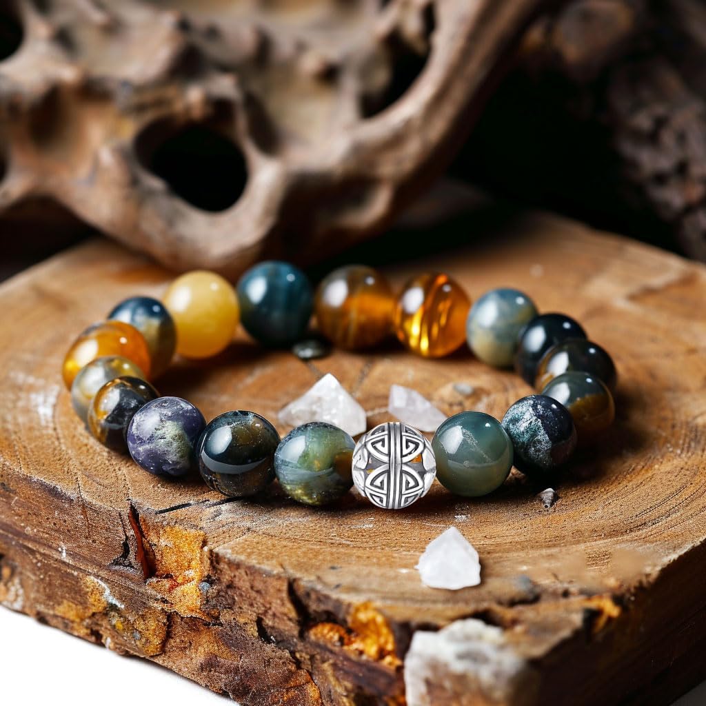 MetJakt Healing Crystals Beaded Bracelets for Womens Natural Gemstone 8mm Beads Stretch Bracelets with 925 Sterling Silver Double Happiness Pendant (Fantastic Tiger Eye Stone)