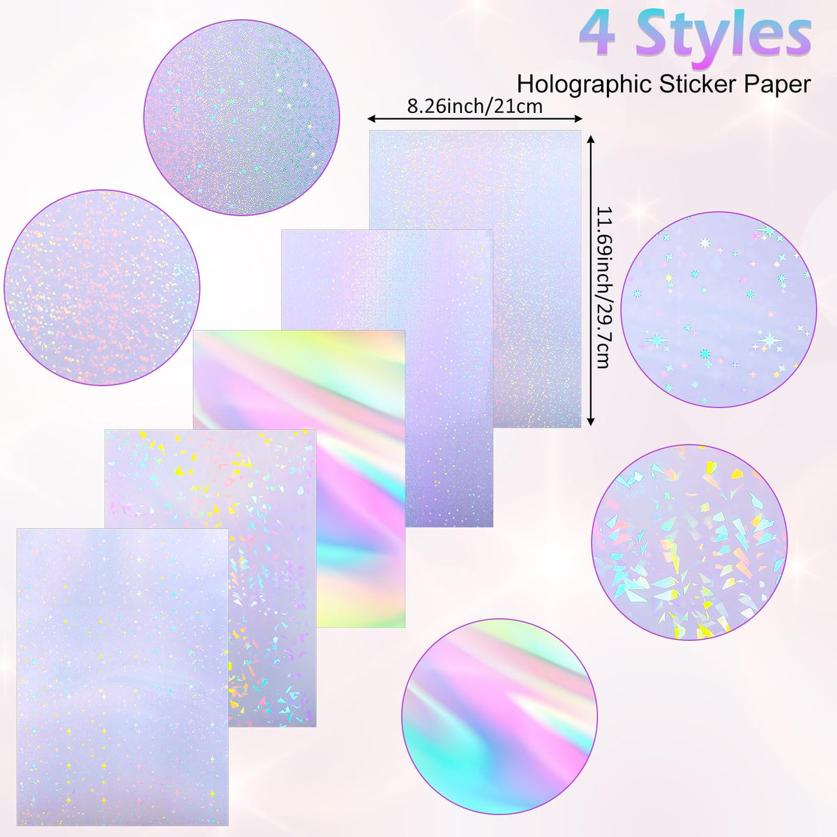 Kifmurase 100 Sheets Holographic Sticker Paper, Holographic Clear Vinyl Laminate Film, Transparent Overlay Lamination Sticker, Self-Adhesive Waterproof Rainbow Laminating Sheets with A4 Size