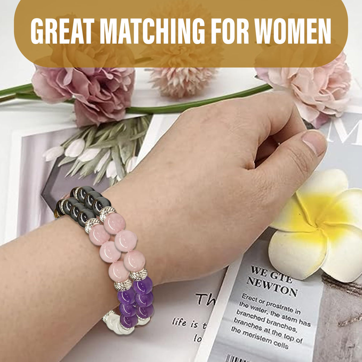 Smart Intentions Anxiety Relief Bracelet for Women - Unique Healing Stones Bracelet for Stress Relief & Meditation, Stretchable Beaded Bands with Natural Healing Energy, 14 Different Crystal Bracelets to Choose From (Menopause- Hematite, Rhodonite, Howlit