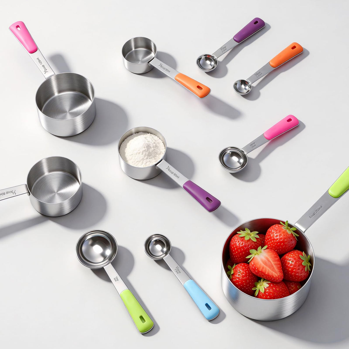 Bopei Measuring Cups and Spoons Set Stainless Steel 10 Piece for Cooking and Baking (5 Cups + 5 Spoons, Colorful Handles)