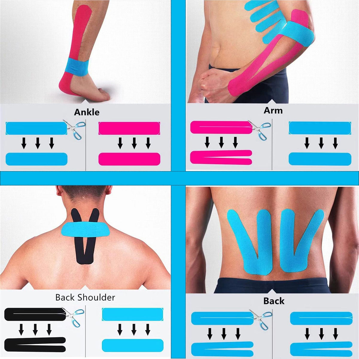 Kinesiology Tape Pro Precut 20 Strips Athletic Sports Waterproof Breathable Latex Free Tape for Ankle Wrists Knee Elastic Running Tennis Swimming Football Sports Activities Tapes (Black)