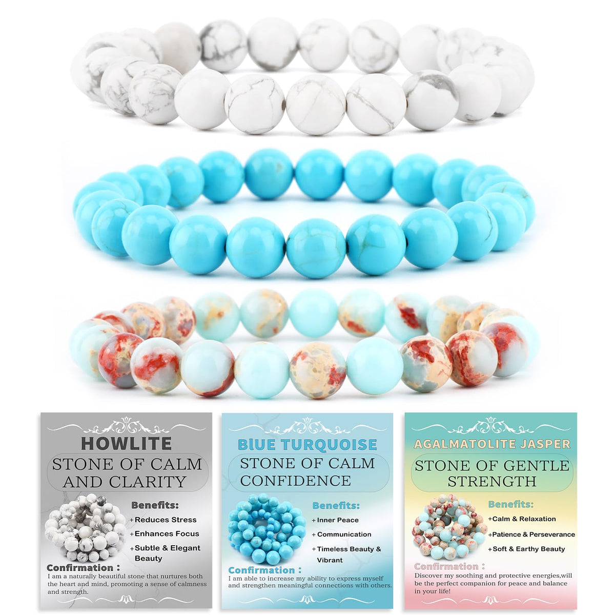 NCB 3-Piece 8mm Natural Crystal Gemstone Stretch Bracelets – ﻿Agalmatolite Jasper, Blue Turquoise, Howlite Handmade Reiki Energy Healing Jewelry for Meditation,Yoga, Unisex
