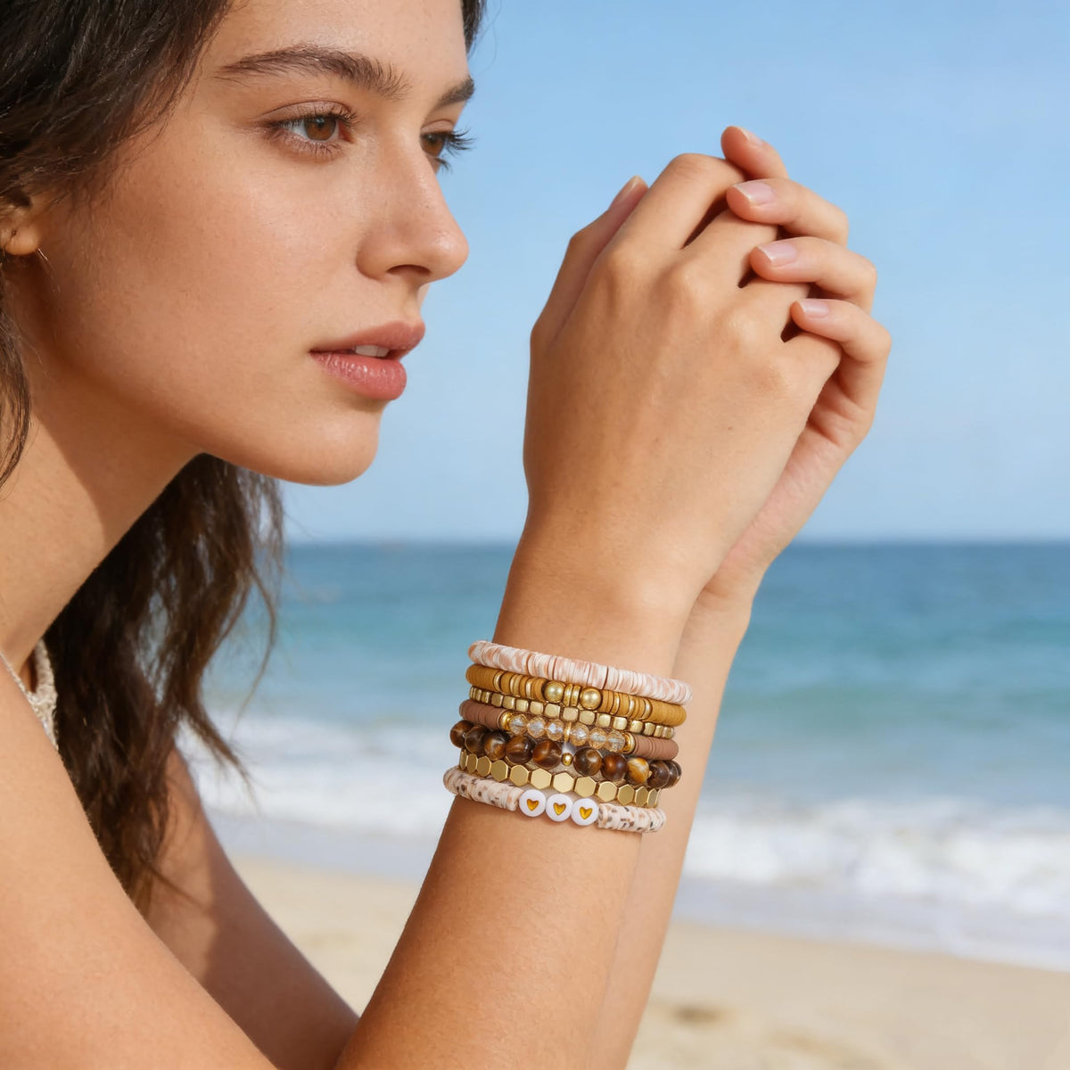 YEOSMINE Boho Heishi Clay Beaded Stretch Bracelets Stack For Women, Preppy Teens Friendship Gold Bracelets Cute Beach Surfer Accessories Bulk Set Trendy Fashion Jewelry