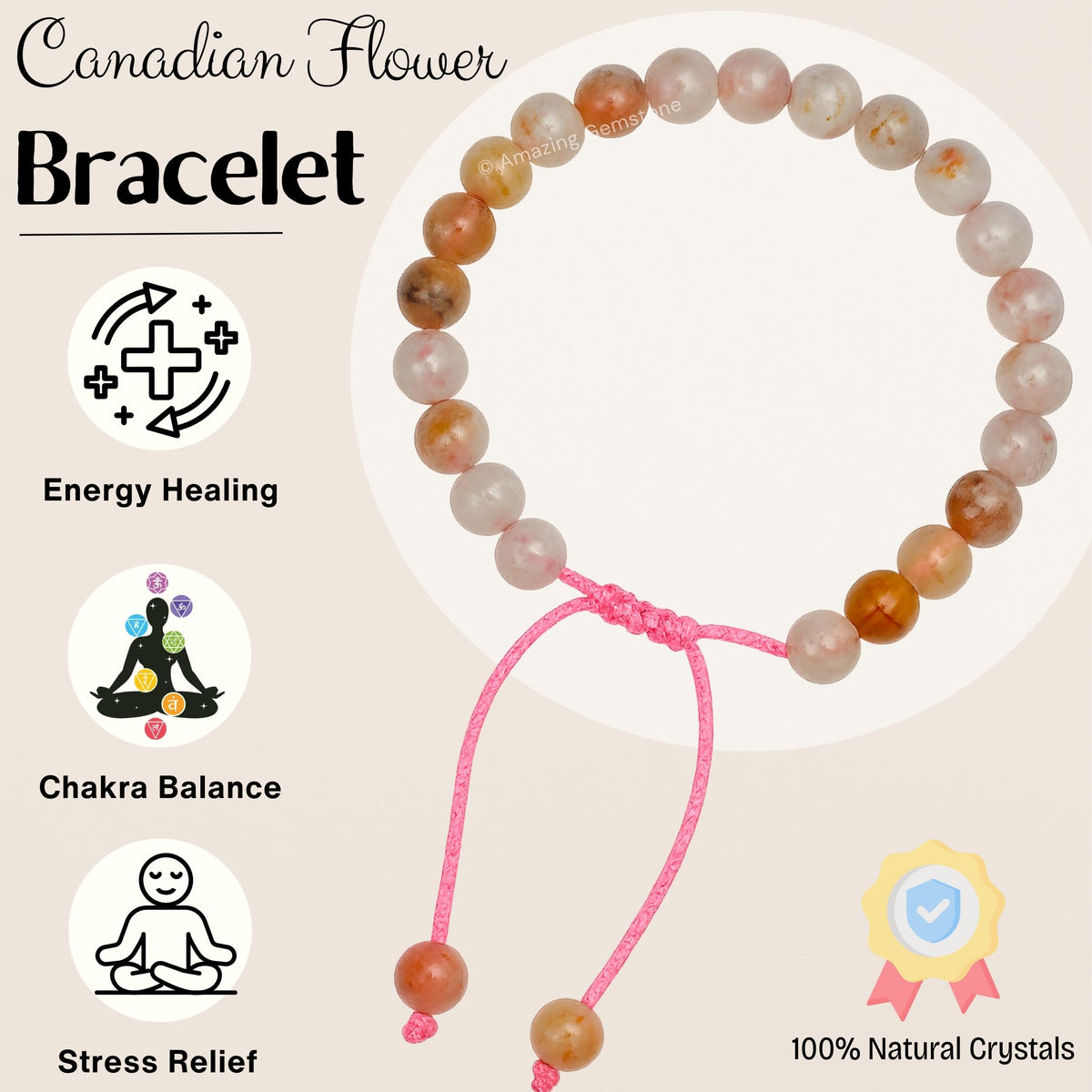 Amazing Gemstone Canadian Flower Agate Bracelet for Women Men's Gifts - Protection Healing Crystal Bracelet - 8mm Gemstone Beaded Adjustable Bracelet Pulseras Para Hombres Mujer Stocking Stuffers