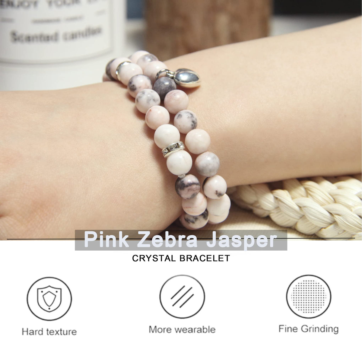 GDLKPYHS Healing Bracelets for Women - Pink Zebra Jasper Bracelet - Healing Prayers Crystal Bracelet, 8mm Natural Stone Stress Relief Yoga Beads Get Well Soon Gifts