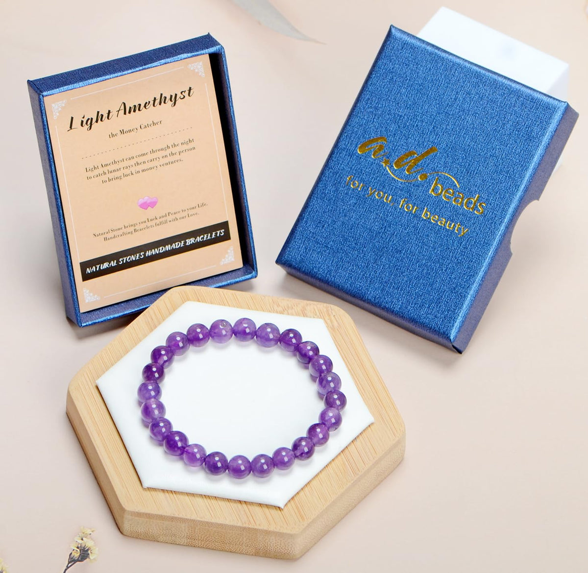 AD Beads Handmade Gemstone Stretch Elastic Bracelet Crystal Healing Reiki Nature's Beauty and Spiritual Essence Unisex (6mm, Purple Amethyst)