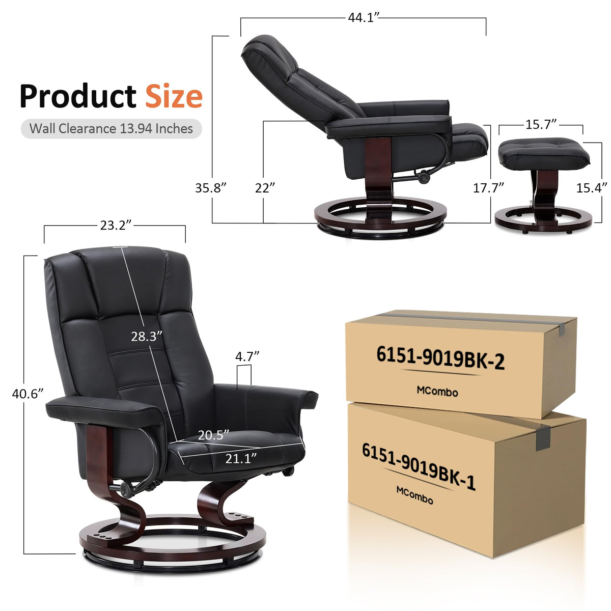 MCombo Manual Swivel Recliner with Ottoman, Chair Ottoman Set for RV Small Spaces, Living Room, Bedroom, Office 9019 4919 (Faux Leather, Black)