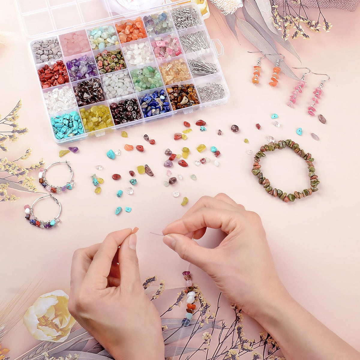 LPBeads Jewelry Making Kit 1200 PCS Natural Crystal Beads in 20 Colors Gemstone, Jump Rings, Earring Hooks, Pins, Elastic Bracelet String for Women and Adults