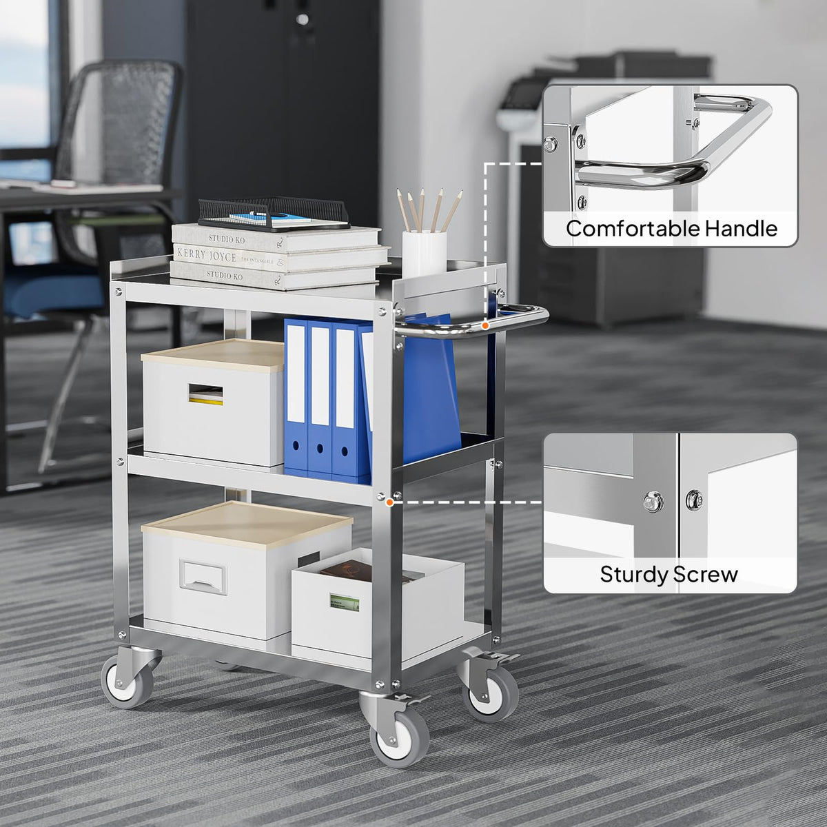 LEADZM 15"L x 24"W x 33"H Utility Rolling Cart on Wheels With Braker, 3-Tier Heavy Duty Commercial Storage Tool Serving Cart With Handle, Stainless Steel for Kitchen Home & Business, Silver