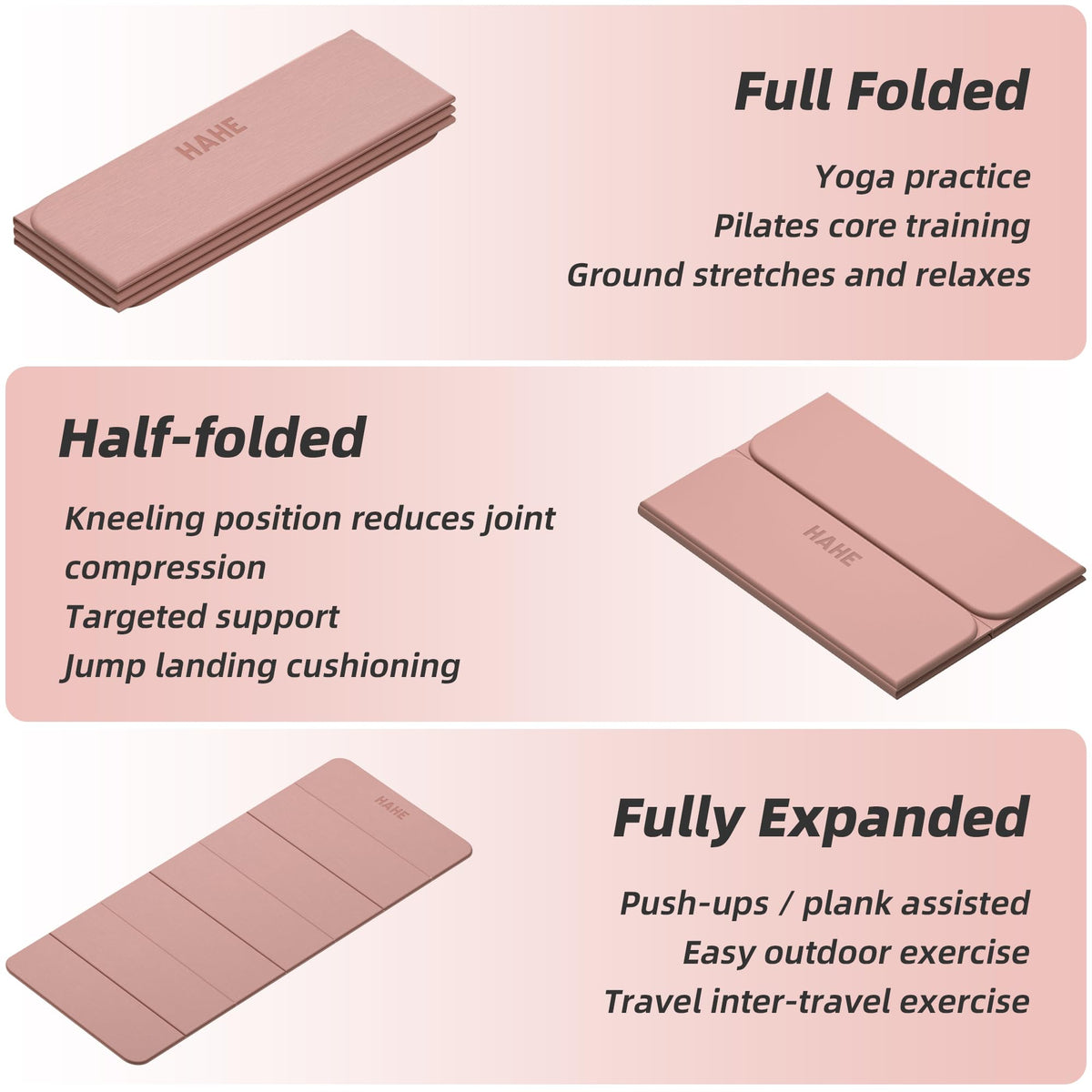 Foldable Yoga Mat, 74"Lx32"Wx1/3"Thick, Folding Exercise Mat, Non-slip Wide Pilates Mats for Home Workout/Travel, Portable Yoga Mat Thick for Yoga/Pilates/Camping/Floor Exercises (Bright Pink)