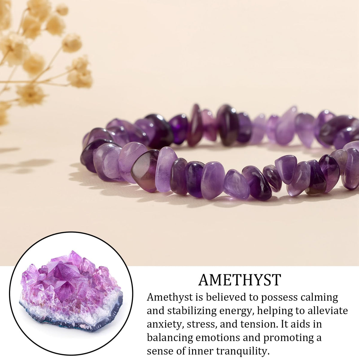 GolbalJew Natural Gemstone Beads Bracelets Healing Crystal Stone Beaded Bracelet for Women Men Handmade Spiritual Jewelry Gifts, 5-8mm Amethyst Chips Beads