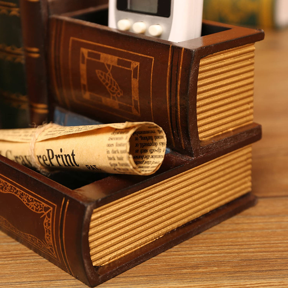 Tosnail Decorative Pen Holder with Storage Compartment, Wooden Pencil Holder and Organizer, Antique Library Books Design Pen Cup Caddy for Office Supplies, Countertop, Desk, Table