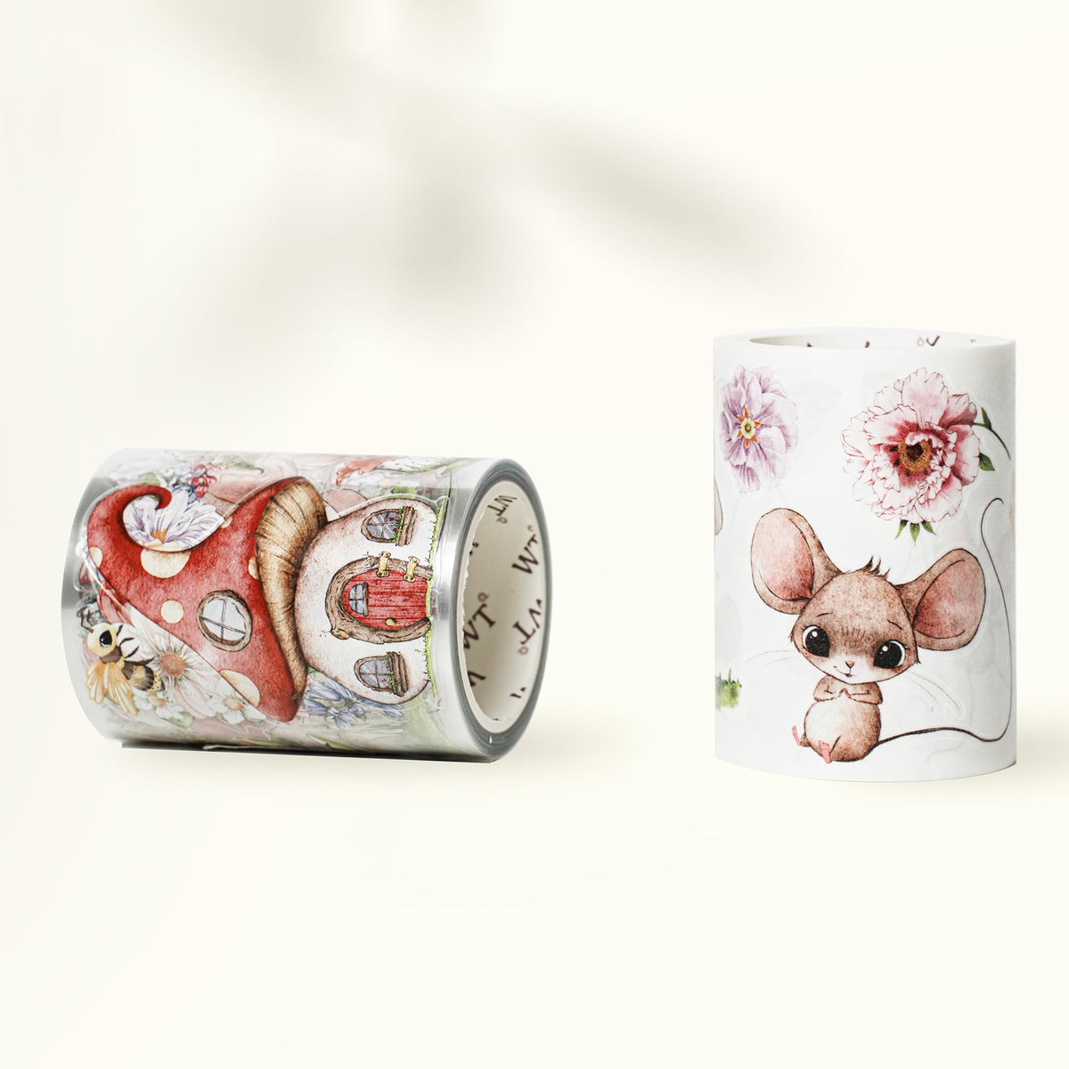 WT Pre-Cut Squeaky Mischief Wide PET Tape, 1 Roll, Original Playful Cartoon Mice & Whimsical Garden Designs, Transparent Clear Adhesive Tape for Scrapbooks, Junk Journals, Planners, DIY Crafts & Gifts