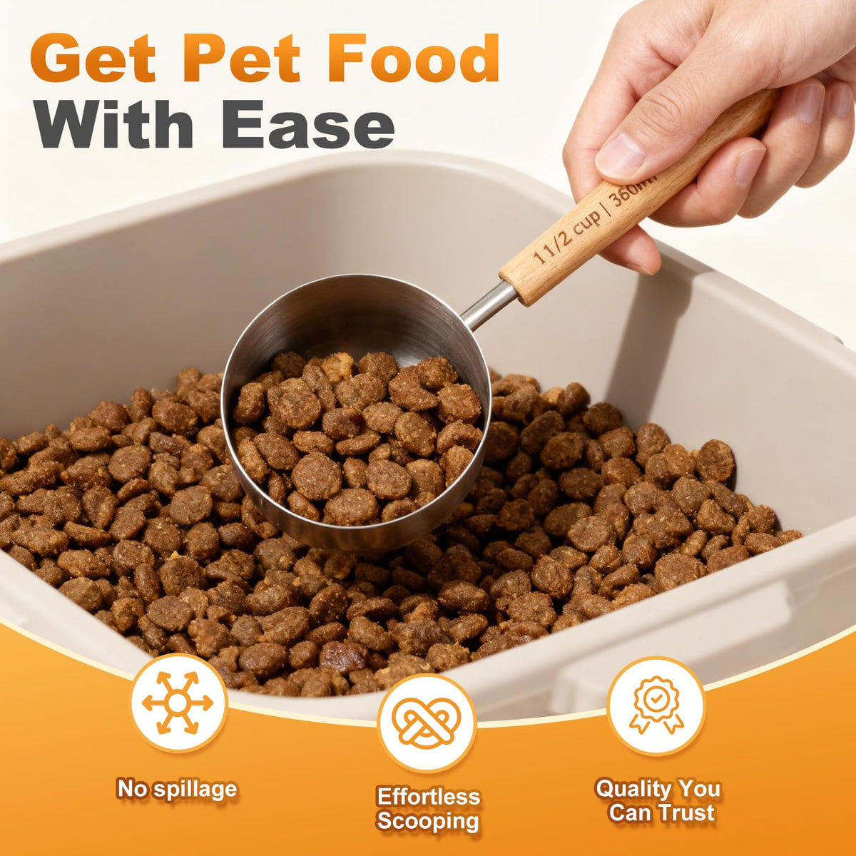 TREMENDRY 1PCS 2Cup(480ml | 16oz) Dog Cat Food Scoop, 18/8(304) Stainless Steel Measuring Cup with Wooden Handle, Etched Measurements Inside, BPA Free Portion Control for Pets & Kitchen Use