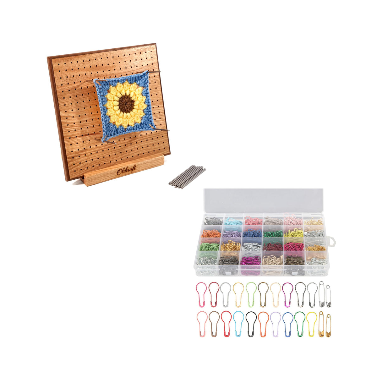 Olikraft Crochet Blocking Board with Pegs (8 Inches) and 1200 PCS Bulb Gourd Safety Pin Stitch Markers - Perfect for Blocking Crochet Projects and Organized Stitch Marking