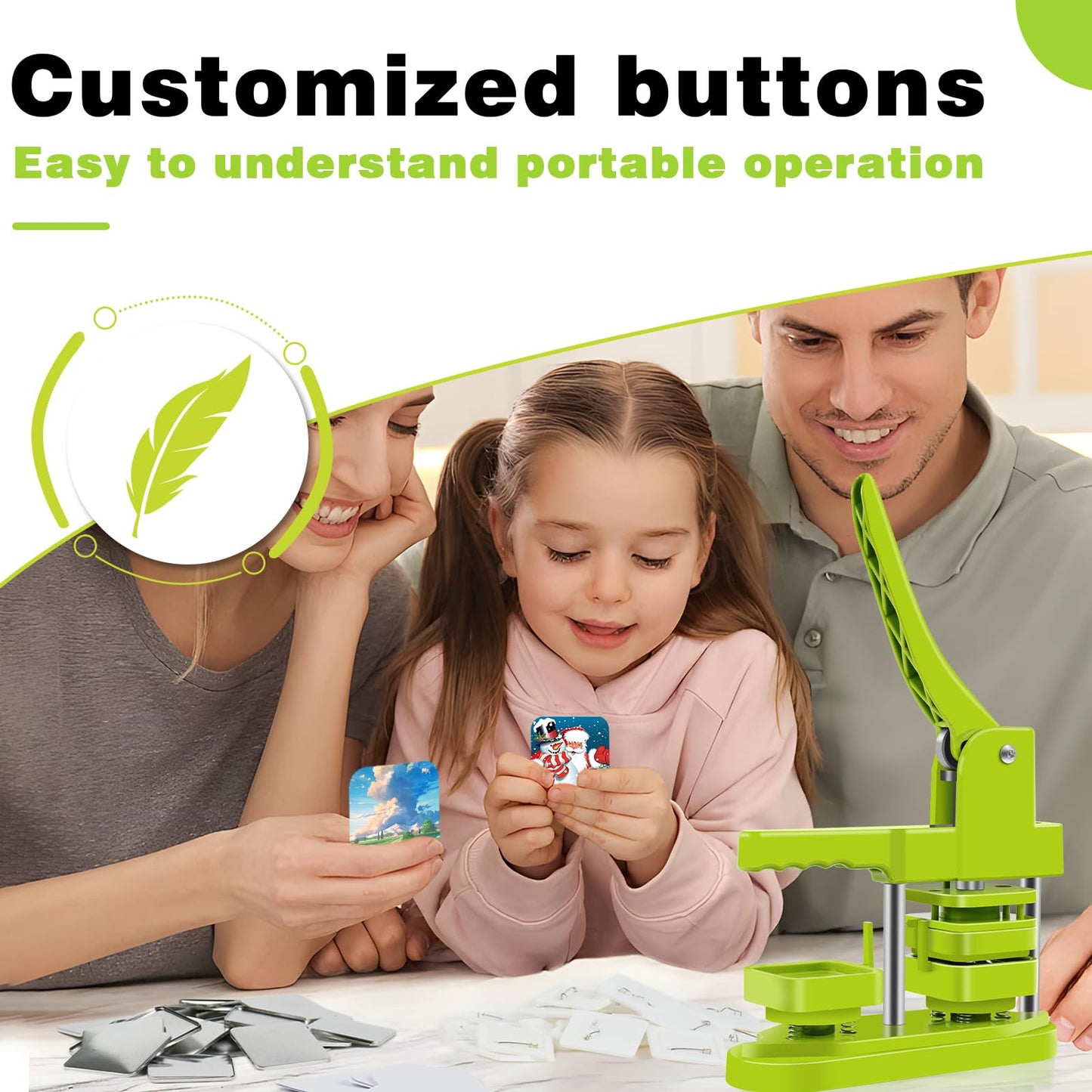 Happizza Square Button Maker Machine, Installation-Free Pin Maker Machine 50mm/1.97in, Square-Shaped Pin Badge Button Press Machine with 100pcs Button Maker Supplies, DIY Pin Maker Machine Kit