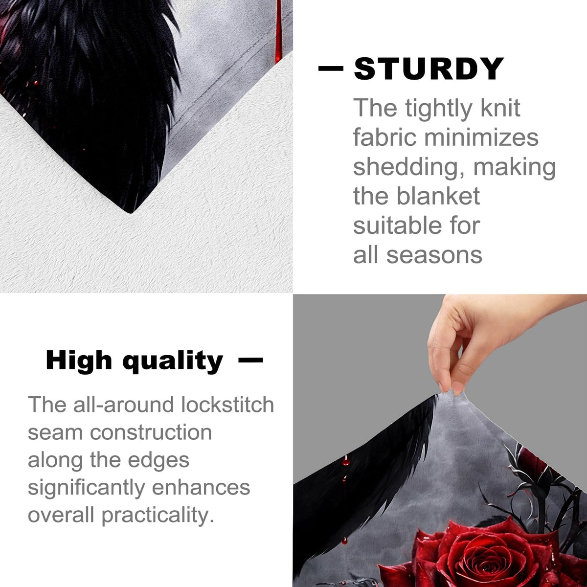 cromcu Raven Gothic Flannel Throw Blanket, 50x60in, Soft Warm Cozy Blankets with Black Raven and Red Rose, Gothic Gifts for Women Crow Lovers, Halloween Home Decor Dorm Office Travel Camping