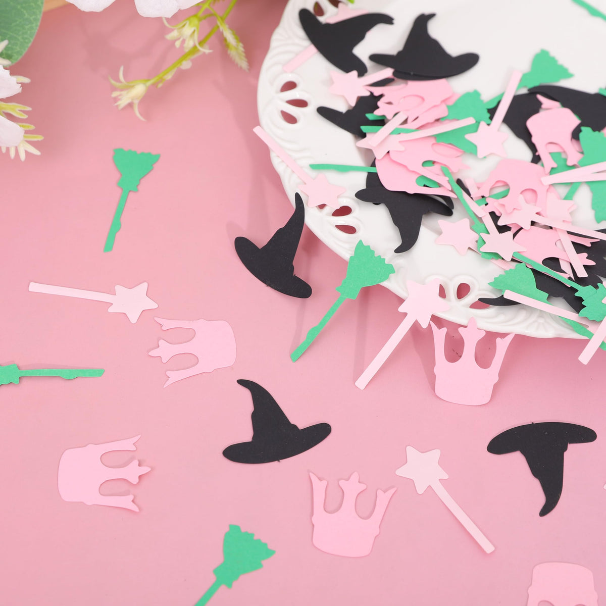 200Pcs Witch Themed Confetti - Magic Birthday Wedding Party Decorations,Pink Green Witches Table Centerpiece,Crown Broom Magic Wand Scatters Confetti,Good Bad Witch Party Photo Props
