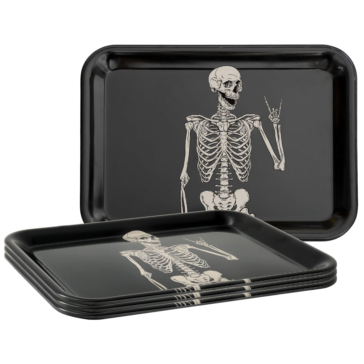 Whaline 3Pcs Halloween Serving Trays Black Skeleton Plastic Platter Serving Dishes Reusable Trays for Party Sharing Snack Fruit Dessert Supplies, 10 x 13 Inch
