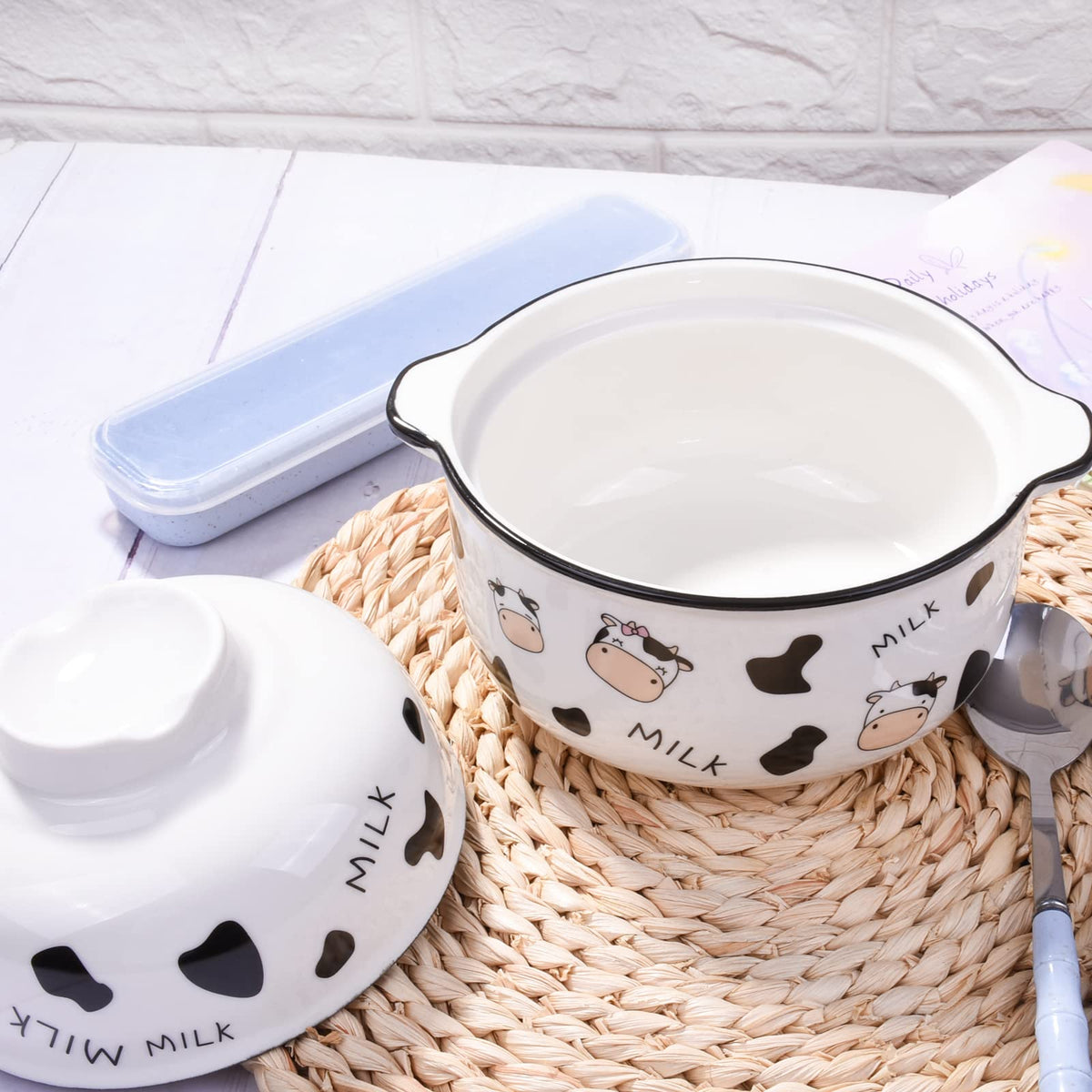 BOSILI Ceramic Bowl Set with Lid Chopsticks and Spoon 23.6 OZ Perfect for Soup Ramen Noodles and More Microwave Safe