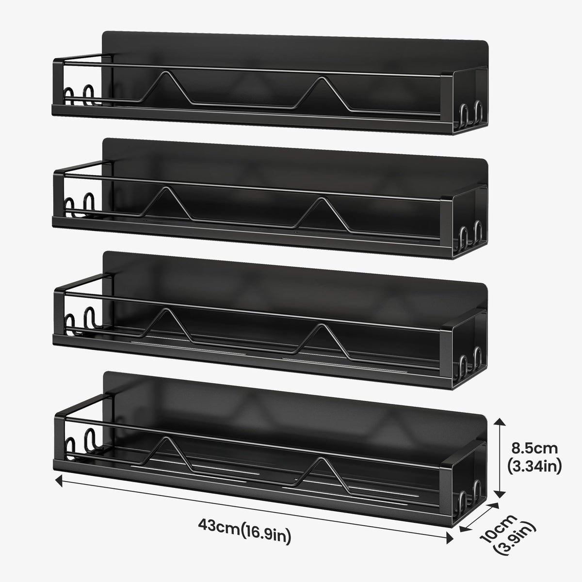 Mystozer 16.9 Inch Wide Large Capacity Magnetic Spice Rack for Refrigerator,4 Pack Metal Fridge Shelf Apartment Essentials Fridge Organizer Magnetic Storage Fridge Magnet Organizer(Black)