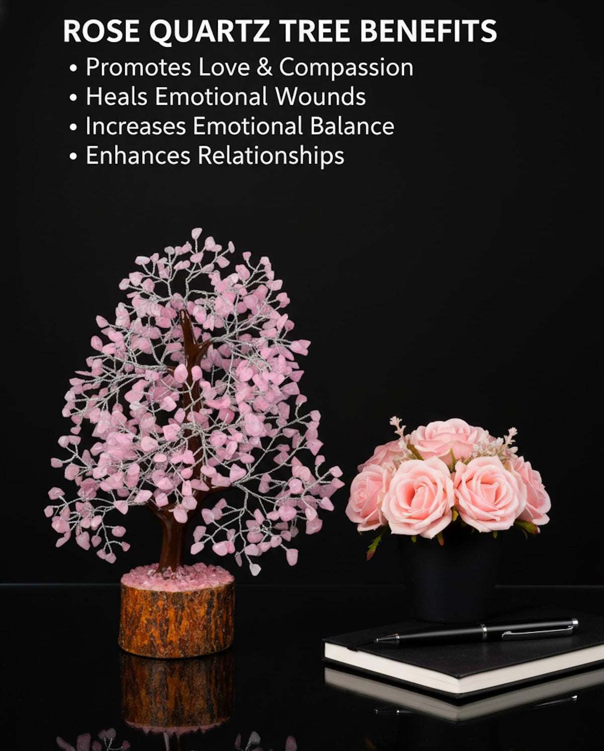 Rose Quartz Crystal Tree, Silver Wire Feng Shui Gemstone Tree, Chakra Healing Stones Crystal Decor, Artificial Bonsai Money Tree, Good Luck Spiritual Gifts for Women & Men, Meditation, 10-12 Inches