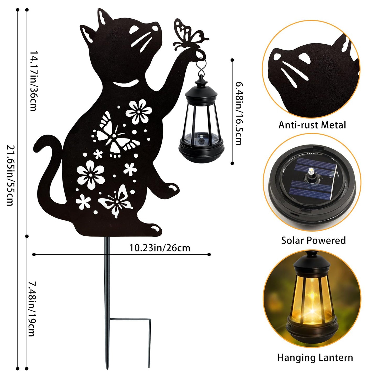 Cat Solar Lights Outdoor, 2 Pack Black Cat Hanging Lantern Waterproof, Cat Lover Gifts for Women Mom Birthday Mother's Day, Metal Garden Statue Yard Decor Patio Pathway Backyard Lawn Ornaments