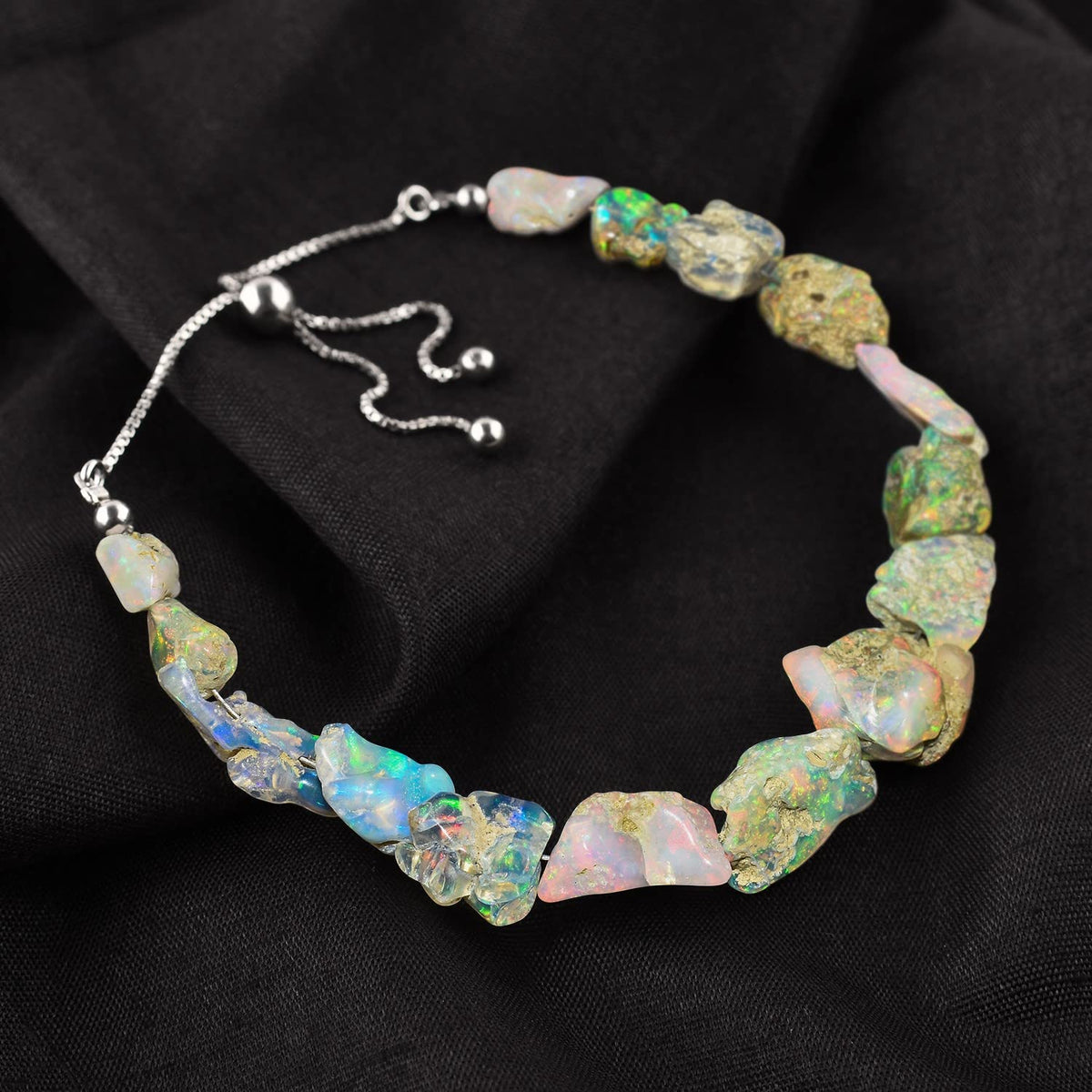 OdrillionGems Natural Raw Ethiopian Opal Gemstones Bolo Bracelet, Opal Rough Stones, Healing Crystals, 925 Sterling Silver, Handmade, Birthstones, Adjustable Slider, Women Jewelry, Valentine Gifts