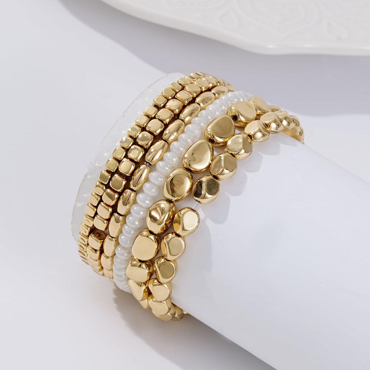 Sajidos Gold Plated Beaded Bracelets for Women Trendy, 14K Gold Plated Stack Cross Pearl Bead Stretch Bracelets Set Elastic Hypoallergenic Bracelets Jewelry Gifts (style9)