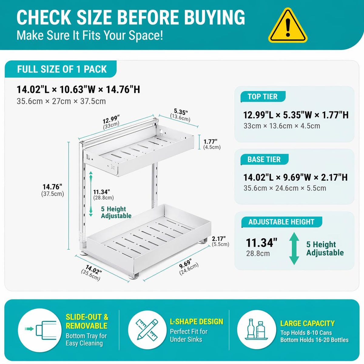 Under Sink Organizer, Bathroom Counter Organizer, 2 Packs 2-Tier Metal, Under Cabinet Storage, Makeup Storage, Adjustable Height & Slide-Out Drawer for Kitchen Bathroom, White