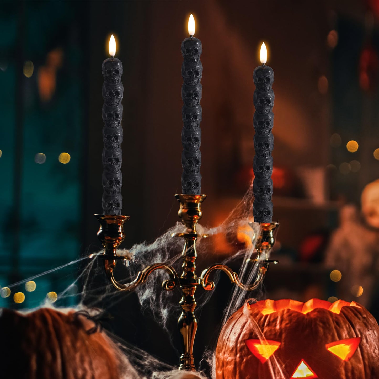 Eywamage Halloween Flameless Taper Candles with Remote, Spooky Black Skull LED Candlesticks Battery Operated Flickering Real Wax Set of 2