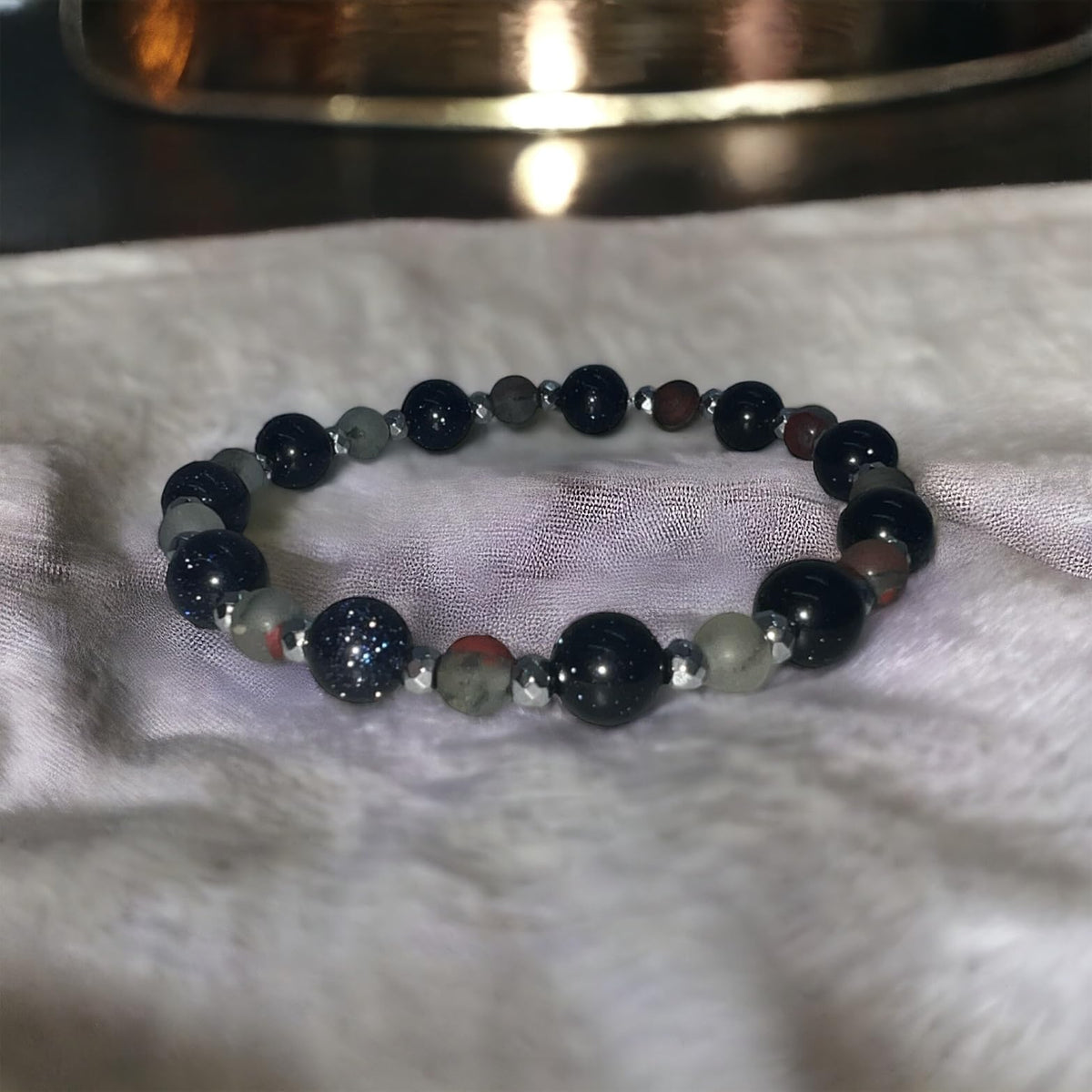 “DEXTER BRACELET” (Purple Goldstone & African Bloodstone) Natural Gemstone Healing Bracelet - [6.5 inches]