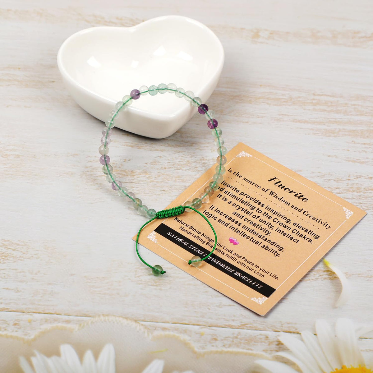 4mm Fluorite Bracelet - Stone of is the source of Wisdom and Creativity - Handmade Natural Stone Crystal Bracelet with Adjustable Macrame String - Yoga Healing Power Energy Gifts for Men and Women