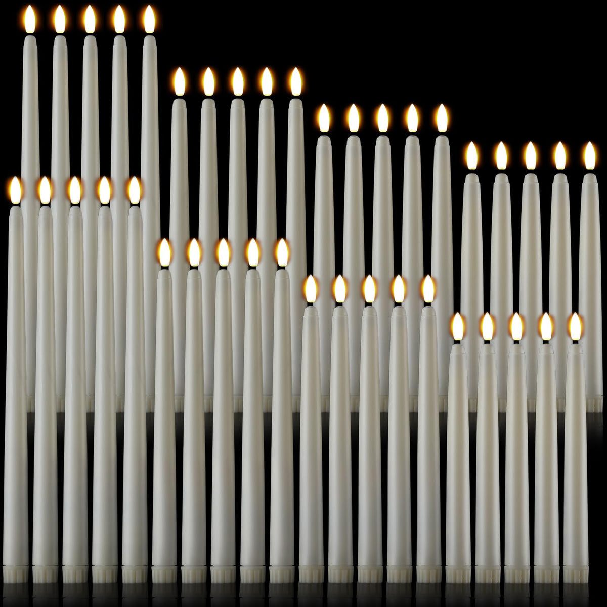 Baquler 40 Pcs Flameless Taper Candles LED Flickering Taper Candlesticks Bulk Battery Operated Flameless Candle for Wedding Halloween Christmas Birthday Decoration, 8.5/9.7/10.8/12.8 Inch (Ivory)