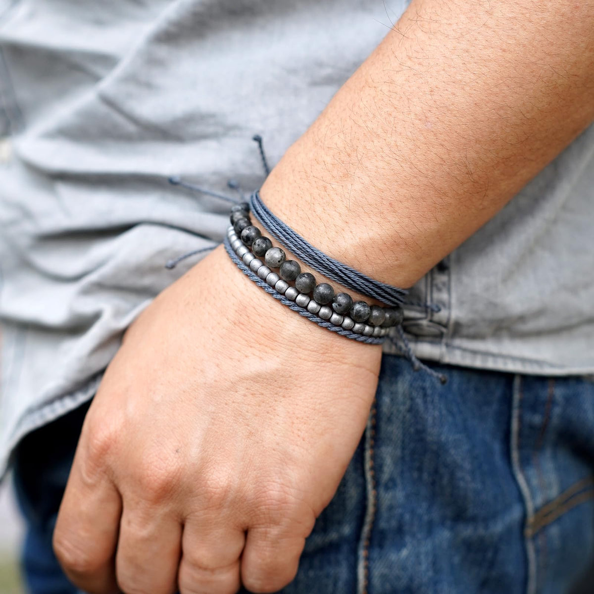 Handmade Natural Stone Beaded Healing Bracelet Gift for Men-Set of 4 Stackable Adjustable Waterproof String Rope Bracelets (larvikite, /)