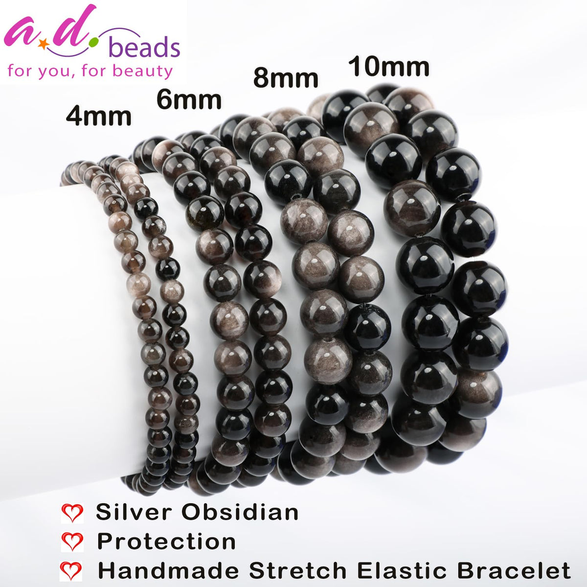AD Beads 10mm Handmade Silver Obsidian Elastic Bracelet – Natural Gemstone for Protection – Meditation, Yoga, Healing and Energy Gift for Men Women