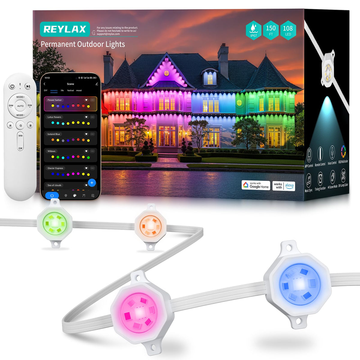 REYLAX Permanent Outdoor Lights Pro, 150ft with 108 Triple-LED 135lm, RGB+IC Smart Eaves Christmas Lights for House, IP67 Waterproof, Multi Scenes for Outdoor Decor, Works with Alexa, Google, Remote